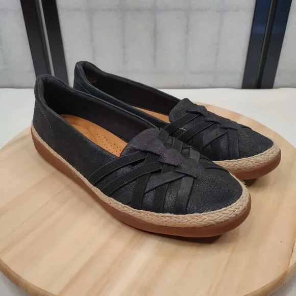 Clarks Collection Elaina Petal Woven Vamp Jute Trim Black Flats Women US 10M - Picture 3 of 13